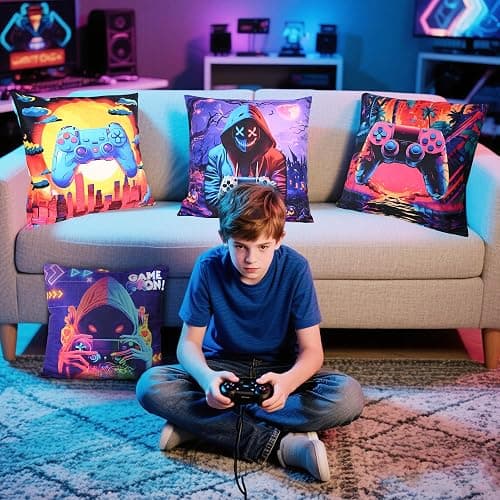 jvycjlu Gamer Pillow Cases 4-Pack, 18x18 Inch Gamer Room Decor for Boys & Gifts for Teen Boys, Soft Short Plush Replacement Pillow Covers for Chair, Sofa, Bed (No Inserts) thumbnail 2
