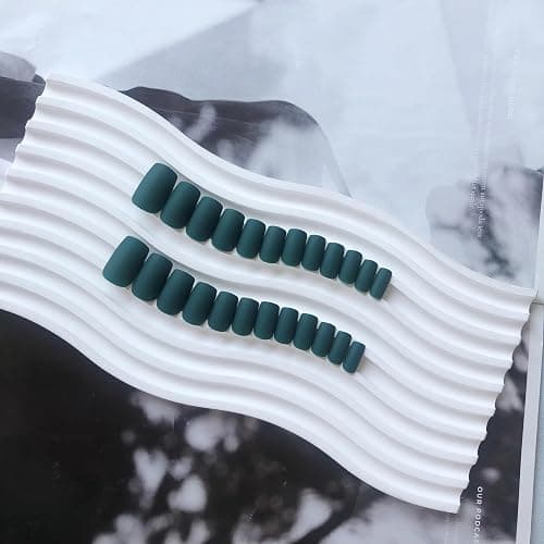 Matte Dark Green Press on Nails Short Medium Square Glue on Nails Set,KQueenest Solid Color Fake Nails Short Coffin Acrylic Nails Press on Gel Nails for Women Reusable False Nails in 24 Pcs - matte dark green thumbnail 4