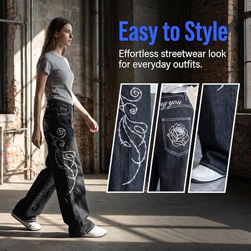bestshark Baggy Women’s Wide Leg Jeans High Waisted Baggy Denim Pants Loose Fit Y2K Graphic Jeans Black thumbnail 5