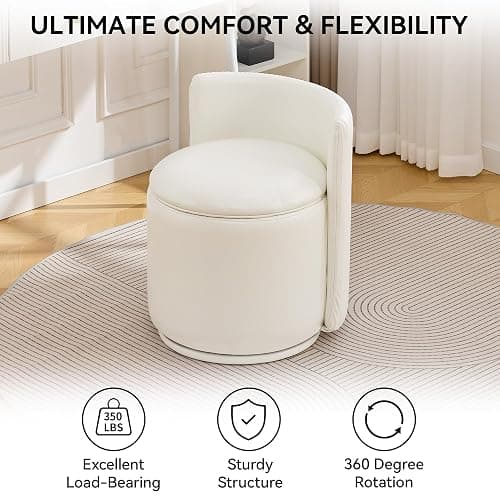 WUTUTUEE Leather Vanity Chair with Storage, 360° Swivel Makeup Chair with Pleated Back, No Assembly Small PU Accent Stool for Bedroom, Dressing Room, Living Room, White thumbnail 7