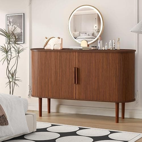 XUZENEST 53''Sideboard Buffer Cabinet with Fluted Slide Doors, Modern Credenza Storage Cabinet, Tambour Bar Console Table for Living Dining Room Kitchen Hallway Entryway, Walnut thumbnail 7