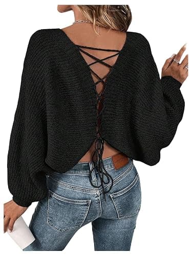 RoseSeek Women's Off Shoulder Lace Up Open Back Sweaters Long Sleeve Loose Pullovers Casual Knit Fall Tops - Image 1
