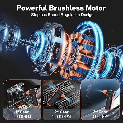 Larkeey Compressed Air Duster Rechargeable Electric Air Duster for PC Keyboard Mini Dust Blower 130000RPM Cordless Air Blower Jet Dryer Turbo Fan Handheld Blower for Car Home Office, Black-Orange thumbnail 4