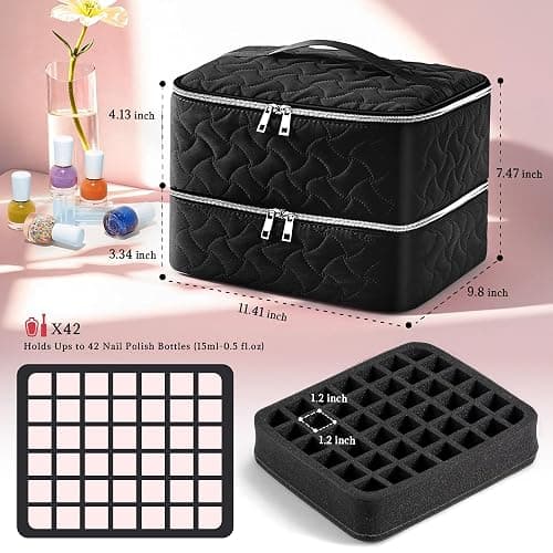 DreamGenius Nail Polish Organizer Case Holds 42 Bottles, Portable Double-Layer Nail Polish Storage Bag with Adjustable Dividers for Manicure Tools, Black thumbnail 7