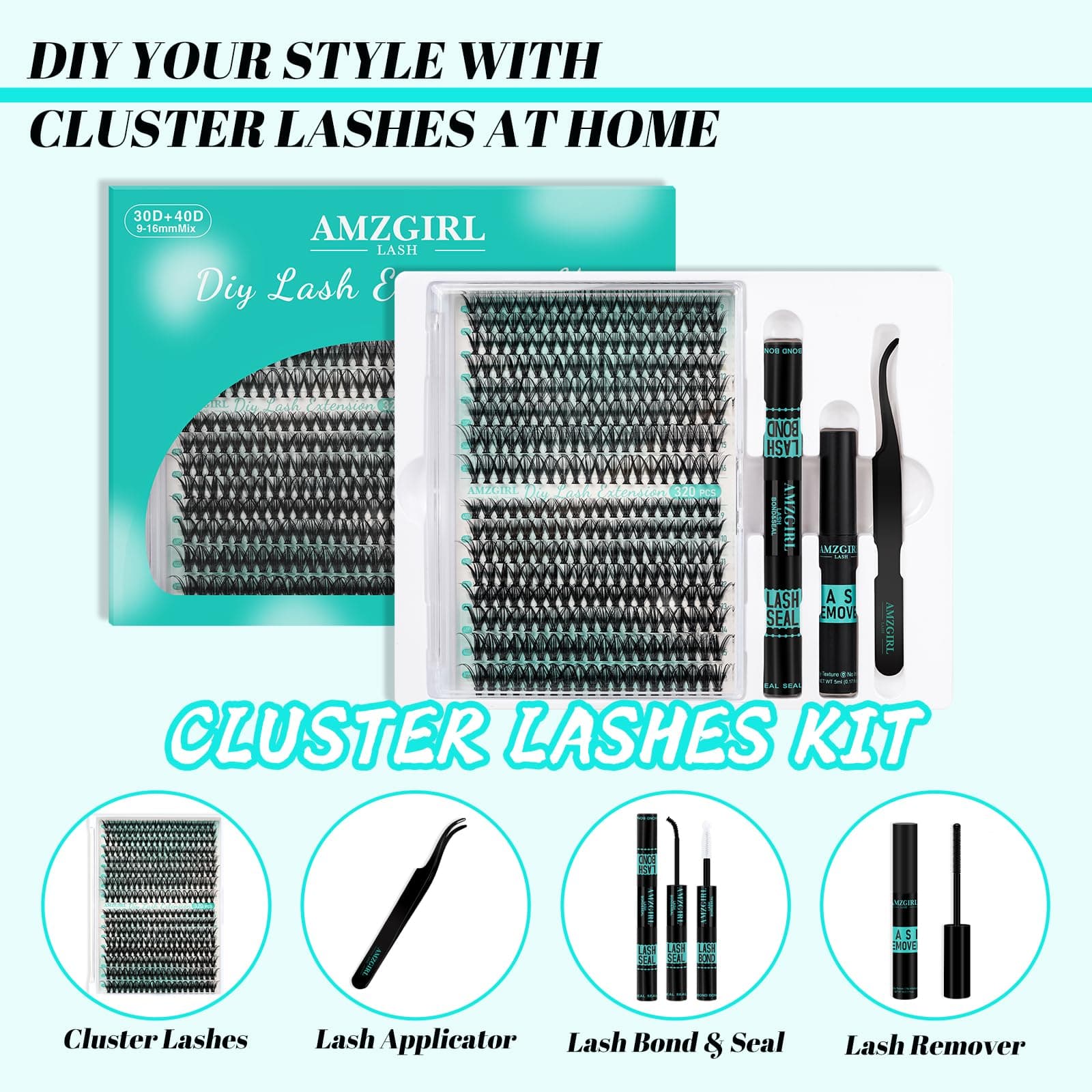 Lash Extension Kit 320Pcs,DIY Individual Lashes Clusters,Lash Bond And Seal,Remover For Eyelashes Extensions,Applicator Tool For False Eyelash Cluster At Home(3040D,D-Mix9-16mm Kit) thumbnail 2