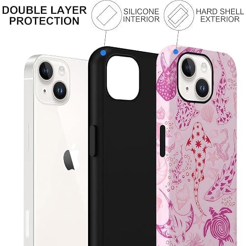 CAINAT Aesthetic Cases for iPhone 13, Pink Sharks Turtles Shells Seaweed Design, Hard Hybrid 2-Layer Protective Cover for Women Girls thumbnail 3