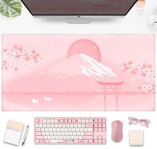 Cherry Blossom Mouse Pad Kawaii Pink Floral Desk Mat, Japanese Pastel Sakura Large Anime Gaming Mousepad XXL, Cute Aesthetic Mount Fuji Japan Keyboard Mats for Women Office Desk Pads 31.5"x15.75" - Image 1