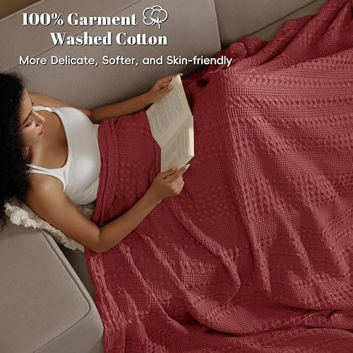 PHF 100% Cotton Waffle Weave Blanket Queen Size for Bed, Soft Lightweight & Breathable for Spring and Summer, All-Season Comfort, Luxury Aesthetic Blanket for Home Decor, 90"x90", Wine Red thumbnail 3