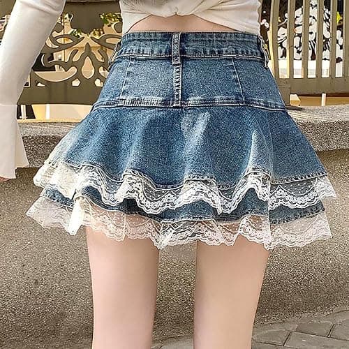YMSHOPE Denim mini Skirt A-Shaped Cake Bustier Skirt with Safety Trousers Lined high-Waisted Ruffled Edge Hip Short Skirt thumbnail 5