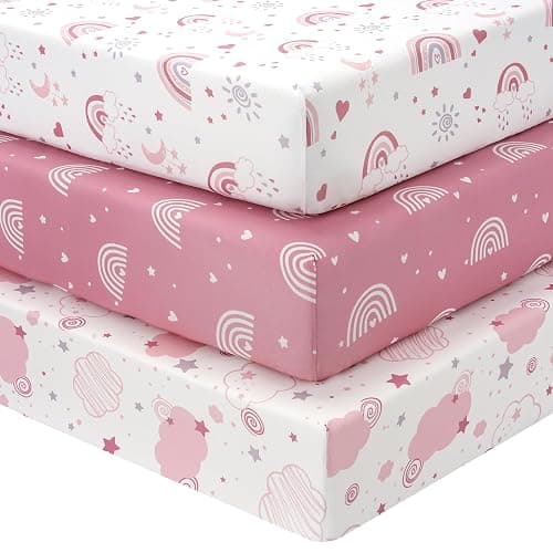 FIEMOL Baby Crib Sheets Girl, 3 Pack Toddler Bed Sheets Fitted for 52”x28” Standard Crib and Toddler Mattresses, Super Soft Microfiber Pink Rainbow - Image 1