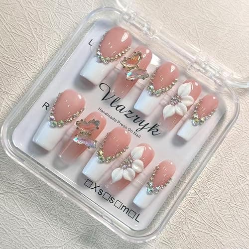 Luxury Handmade Press on Nails - Long Square White French Tips Press on Nai,l with Almond 3D Rhinestones, Flowers & Butterflies, Acrylic Multi-Layer Gel False Nails for Women (10Pcs) - Image 1