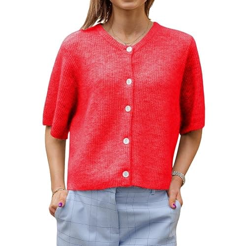 Women Knitted Button Down Short Sleeve Tops Solid Color Round Neck Cardigan Blouse Going Out Sweater Streetwear - Image 1