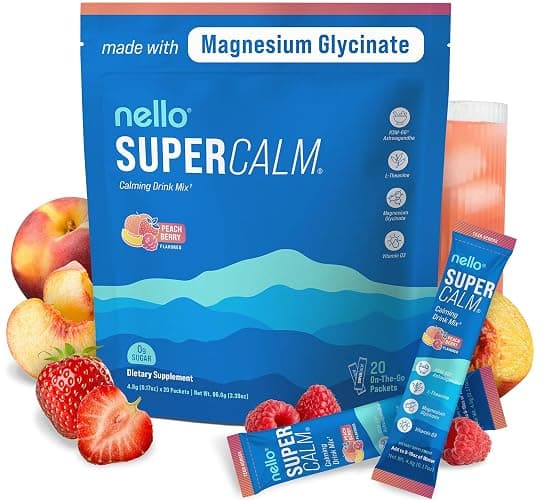 Nello Supercalm Drink Mix - Ashwagandha KSM 66, Magnesium Glycinate & L-Theanine Supplement - Ashwagandha Root Extract - Focus and Relaxation Support (20 Travel Packets) - Peach Berry - Image 1