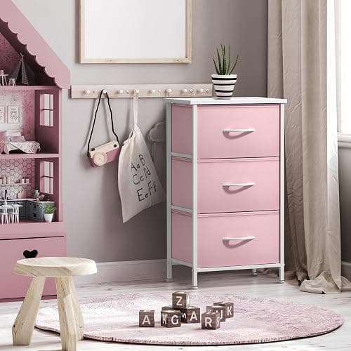 Sorbus Nightstand with 3 Drawers - Bedside Furniture & Accent End Table Chest for Home, Bedroom Accessories, Office, College Dorm, Steel Frame, Wood Top, Pastel Fabric Bins (Pink) thumbnail 6