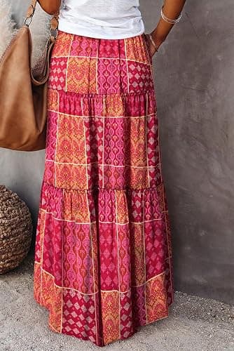 Happy Sailed Womens Floral Print Boho Maxi Skirt Elastic High Waist Pleated Ruffle Flowy Long Skirts S-XL thumbnail 4