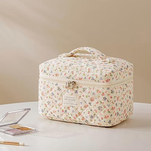 HBselect Quilted Makeup Bag, 3Pcs Cotton Large Travel Makeup Bags Organizer | Cute Floral Make up Bag Cosmetic Bag Toiletry Bag for Women Girls, Makeup Pouch for Skincare, Brushes & Travel Essentials thumbnail 5