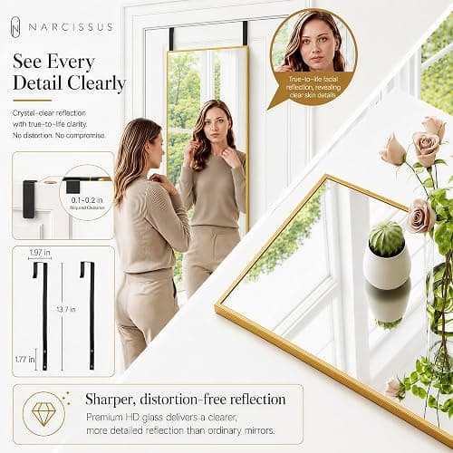 NARCISSUS Full Length Mirror 57x16 Inch, Over The Door Mirror with Stand, Wall Mounted or Freestanding/Door Hanging Full Body, Aluminum Alloy Frame, Gold thumbnail 8