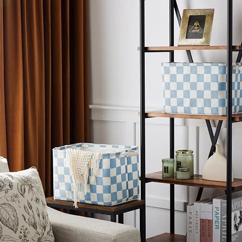 Ohocut Blue Checkered Canvas Basket, Rectangular Organizing Decorative Storage Basket for Kids, Dog Toy, Cute Aesthetic Boys Room Decor for Home, Kitchen, Bedroom, Classroom, Shelves thumbnail 3
