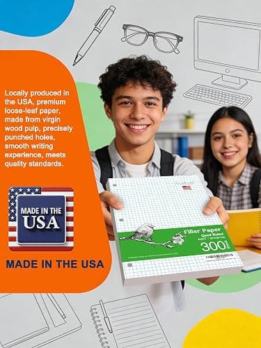 WritePads Graph Paper Loose Leaf Paper, 300 Sheets, 8 x 10.5 Inch 4x4 Quad Ruled Graphing Paper, 3 Hole Punched Filler Notebook Paper for 3 Ring Binders, 65 GSM, Made in USA thumbnail 9