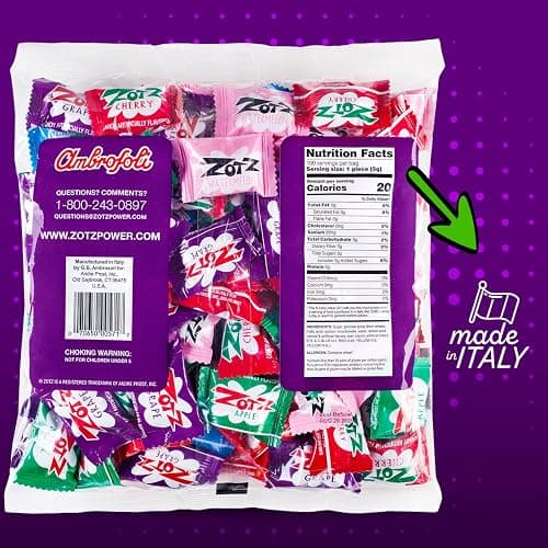 Zotz Fizzy Bulk Candy (Assorted, 100 Units)- Hard Candy Individually Wrapped- Assorted 7 Fruit Flavors, Cherry, Watermelon, Strawberry, Blue Raspberry, Apple, Orange & Grape- From Italy Since 1970 thumbnail 2