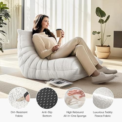 Bean Bag Chair for Adults, Fireside Togo Chair, BeanBag Chairs for Teens with High-Resilience Memory Foam, Non-Slip Base Compressed Floor Lounge Sofa for Living Room, Bedroom, White thumbnail 5