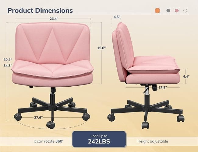DurayLoly Criss Cross Chair with Wheels,Cross Legged Office Chair with 2 Layer Comfty Leather & Back,Armless Wide Vanity Chair for Home Office,Pink thumbnail 2