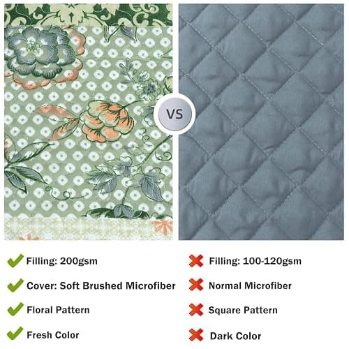 Cmfshape Summer Floral Queen Quilted Bedspread,Romantic Green Quilt Set,Reversible Stitched Bedding Cover All Season,Soft Lightweight Coverlet with Pillow Cases (Green&White, Queen90 x90) thumbnail 7