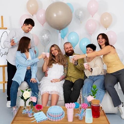 Xiangqu 350 Pcs Baby Gender Reveal Plates and Napkins, 50 Guest Boy or Girl Gender Reveal Party Supplies Include Light Pink and Light Blue Plates Napkin Cup Plastic Spoon Fork Knive for Baby Shower thumbnail 6