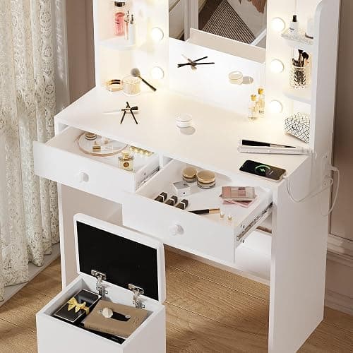 Haewon White Vanity Desk with Mirror and Lights, Makeup Vanity with 10 LED Bulbs and 3 Color Modes, Dressing Table Set with Power Outlets, Storage Drawers and Chair for Bedroom thumbnail 3