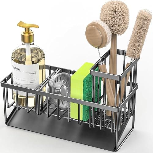 Cisily Kitchen Sink Caddy Organzier with High Brush Holder, Sponge Holder for Sink, 304 Rustproof Stainless, Kitchen Countertop Soap Dispenser Organizer, Kitchen Decor and Accessories (Black) thumbnail 7