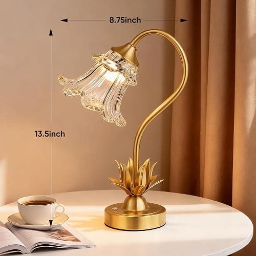 Cordless Flower Table Lamp with Glass Lampshade, 5200mAh Rechargeable Battery, 3-Color Dimmable Touch Control, Portable Desk Lamp for Nightstand, Patio, Camping, Restaurant & Home, Transparent thumbnail 8