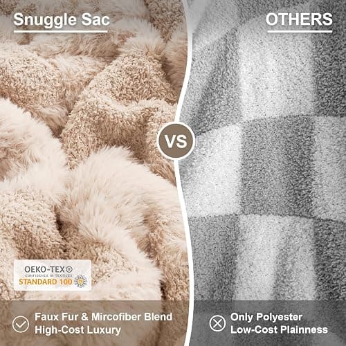 Snuggle Sac Checkered Throw Blanket Faux Fur Microfiber Blankets for Couch,Cozy Soft Warm Blanket for Sofa Bedroom Living Room,Solid Beige,50x60 inches thumbnail 2