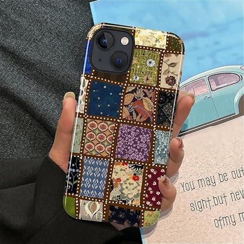 MQJCYB Case for iPhone 14 13, Hybrid Heavy Duty 2 in 1 Full Body Rugged Shockproof Protection Glossy Case for iPhone 14 13 - Checked Fabric Pattern Collage thumbnail 6
