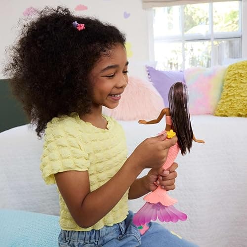 Barbie Mermaid Toy Dolls with Surprise Magic Blooming Flowers Feature, Ombre Tails, Pearl Headband Accessory & Long Brown Hair with Purple Highlights thumbnail 2