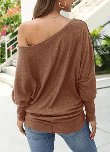 Aifer Women's Off The Shoulder Tops Sexy Long Sleeve Shirts Oversized Fashion Casual Batwing Sweaters Pullover Tunic Tops thumbnail 5