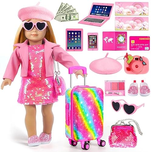 American 18 Inch Doll Clothes Accessories-18 inch Doll Suitcase-Glasses,Beret,Shoes,Handbag,Camera, Passport,Mobile Phone Travel Set Toys for 3-12 Girls - Image 1