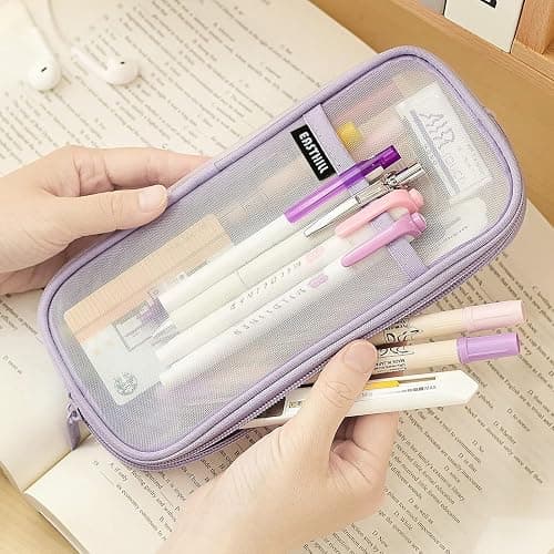 EASTHILL Grid Mesh Pen Pencil Case with Zipper Clear Makeup Color Pouch Cosmetics Bag Multi-Purpose Travel School Teen Girls Transparent Stationary Bag Office Organizer Box for Adluts(Purple) thumbnail 2
