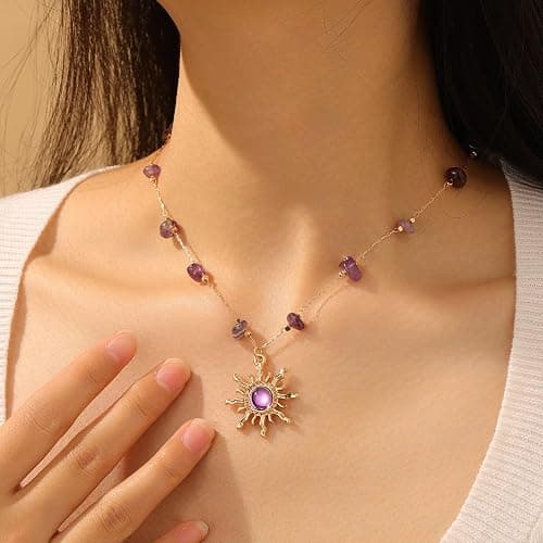 18K Gold Plated Necklace for Women Adjustable Link Gold Chain with Crystal Sun Pendant Necklace Summer Jewelry Purple & Green Stone Crystal Choker Healing Non Tarnish Birthday Gifts Trendy Jewelry thumbnail 3