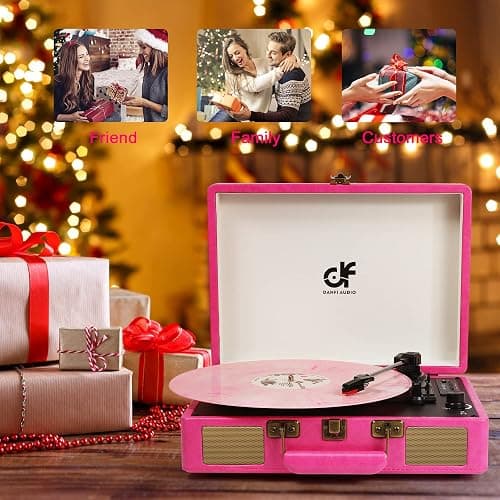 Vintage Bluetooth Suitcase Record Player with Built-in Speakers, 3 Speed Portable Turntable with USB Vinyl Audio Recorder RCA AUX-in & Headphone Jack (Pink) thumbnail 8