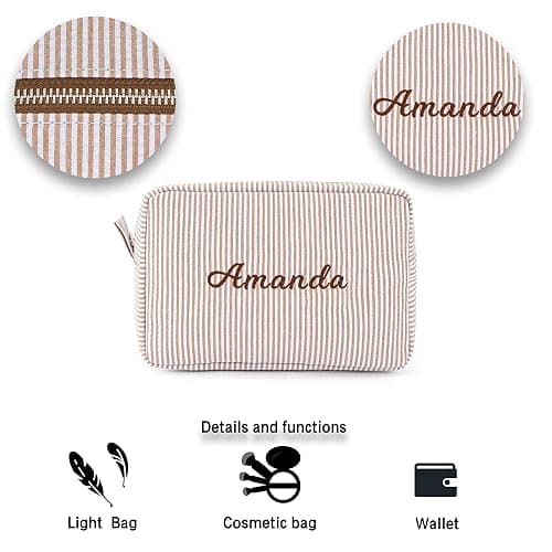 MT WORLD Cosmetic Bag Personalized Makeup Bag for Women Girls Seersucker Preppy Bridesmaid Makeup Bag Cute Aesthetic Toiletry Bag Girls Handbags Purses (Brown) thumbnail 4