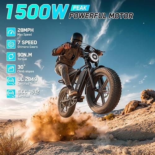 TST Electric Bike for Adults, 1500W Peak Motor 60 Miles Fat Tire Ebike with 48V 15Ah Removable Battery 20" Fat Tire Electric Bike, Full Suspension and 7-Speed thumbnail 2