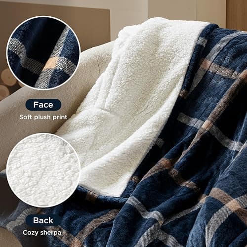 Woolrich Plush Sherpa Electric Blanket 50x60 Plaid Navy Cozy Layer | Adjustable heat settings, Auto shutoff for overnight use, Warm reverse side, Machine washable easy care, OEKO-TEX certified thumbnail 3