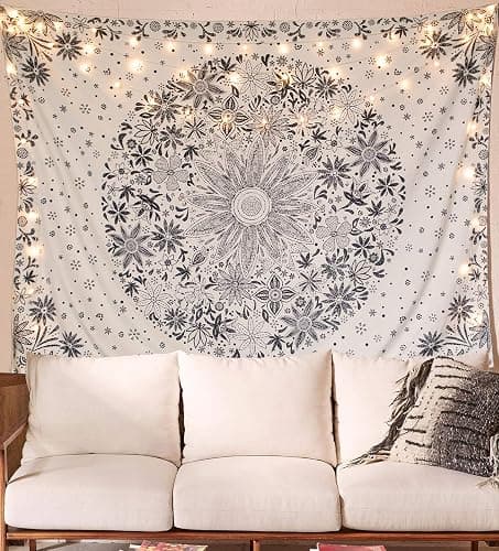 Neasow Bohemian Tapestry Wall Hanging, Beige White Floral Tapestry with Dotted Daisy Medallion Print Bedroom Boho Hippie Home Decor, 36×48 inches - Image 1
