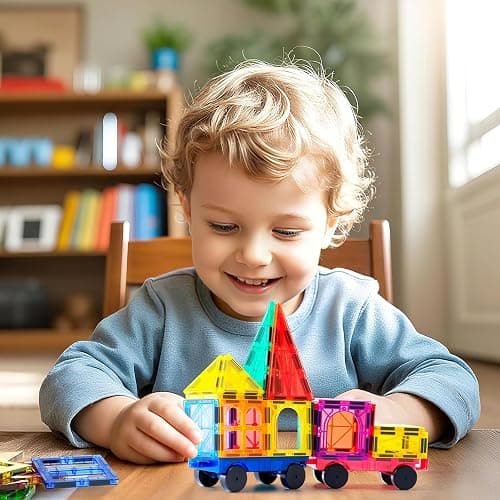 Magnetic Tiles, 135PCS Magnetic Building Blocks with 2 Cars, Large Magnet Building Set,STEM Sensory Educational Toys Gift for Toddlers Kids Boys Girls. thumbnail 2