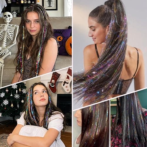 12 Colors Hair Tinsel Kit Hair Extensions 48 Inch With Tool 3600 Strands Sparkling Dazzle Glitter Shiny Fairy Hair Heat Resistant for Girls Women Christmas New Year Festival Party thumbnail 5