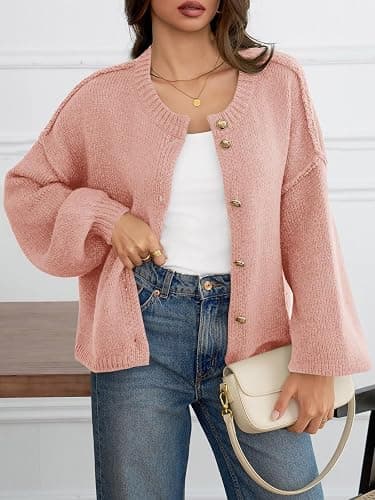 Saodimallsu Womens Oversized Cardigans Button Up Long Lantern Sleeve Chunky Knit Casual Soft Fall Sweater Coats thumbnail 2