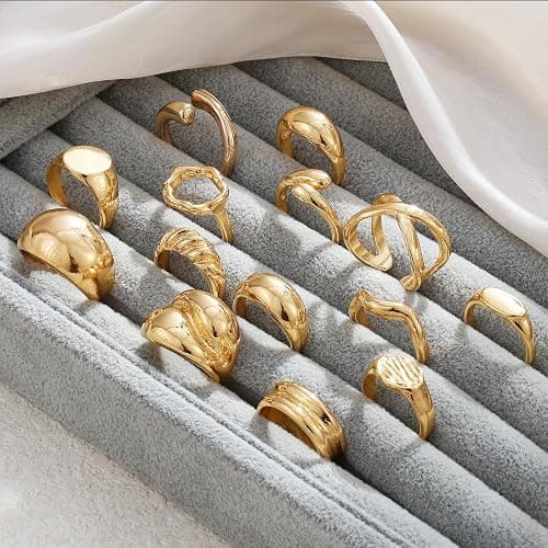 IFKM Gold Chunky Rings Set for Women 14k Gold Plated Thick Dome Stackable Open Rings Trendy Dainty Minimalist Jewelry Gifts - Gold - Flatbed wide format thumbnail 6