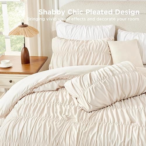 Andency Ruched Beige Queen Comforter Set, Shabby Chic Pleated Bedding Sets 3 Pieces, Lightweight Soft Boho Ruffle Bed Set for Girls, Kids, Women, All Season thumbnail 4