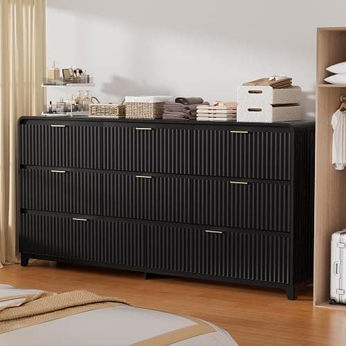 Fluted Dresser for Bedroom with 8 Drawers, 55.1" Wide Modern Chest of Drawers with Metal Handle, TV Stand Wood Dresser Closet Organizers and Storage Drawer for Living Room, Bedroom, Hallway, Black thumbnail 7