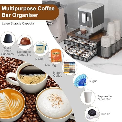 TQVAI K Cup Holder - 60 Capsule Capacity 2 Tier Sliding Pods Storage Drawer with Disposable Cups & Lids Holder, Coffee Bar Station Organizer for Countertop, Black thumbnail 4